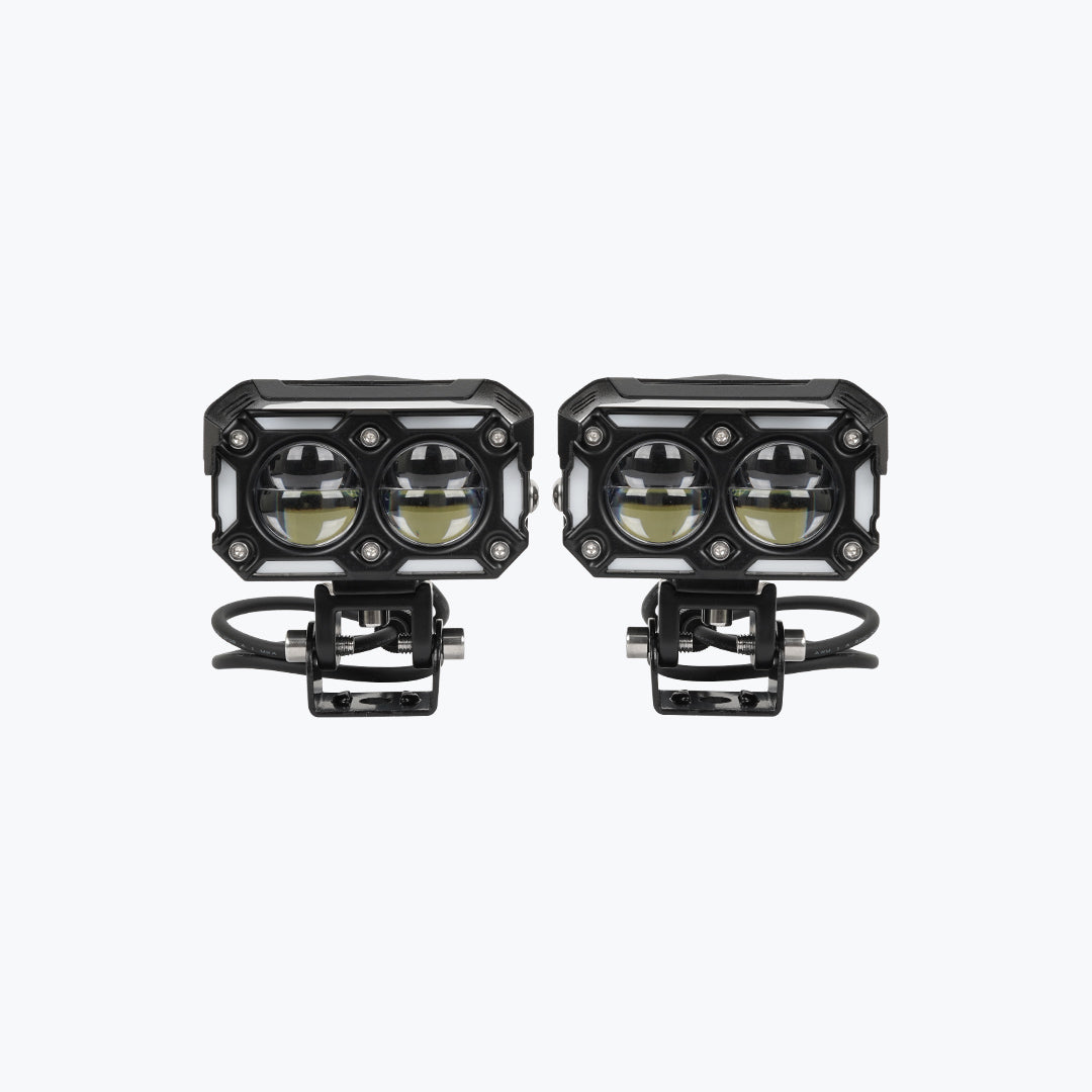 Pair of rectangular LED motorcycle auxiliary lights with black housings and mounting brackets
