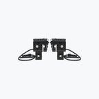 Pair of black motorcycle LED auxiliary lights with mounting brackets and cables on white background