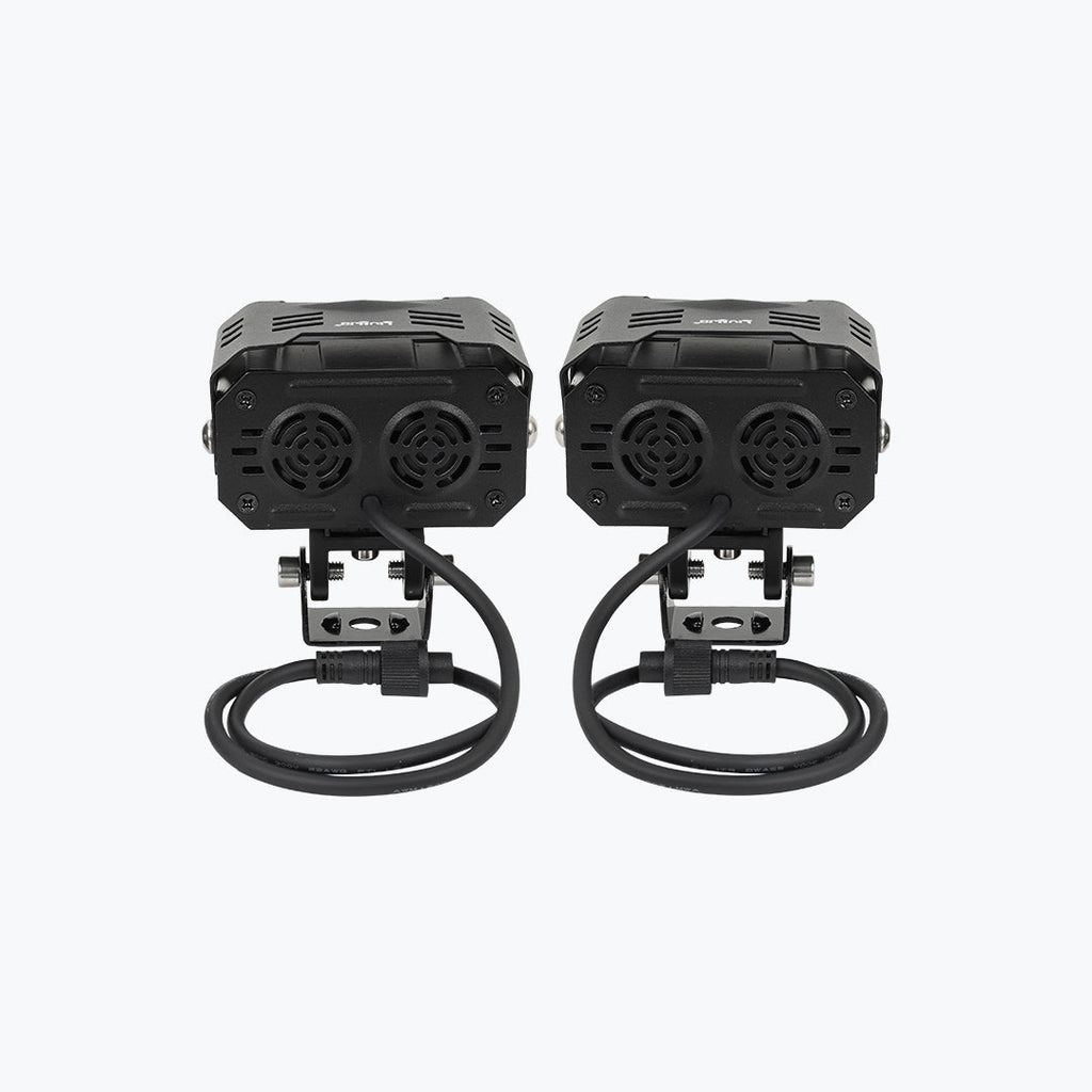 Pair of black motorcycle LED auxiliary lights with mounting brackets and power cables