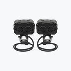 Pair of black motorcycle LED auxiliary lights with mounting brackets and power cables