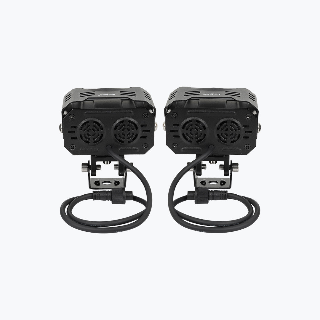 Pair of black motorcycle LED auxiliary lights with mounting brackets and power cables