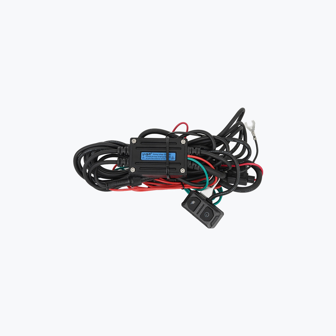 Motorcycle wiring harness with control switch, black and red wires on white background