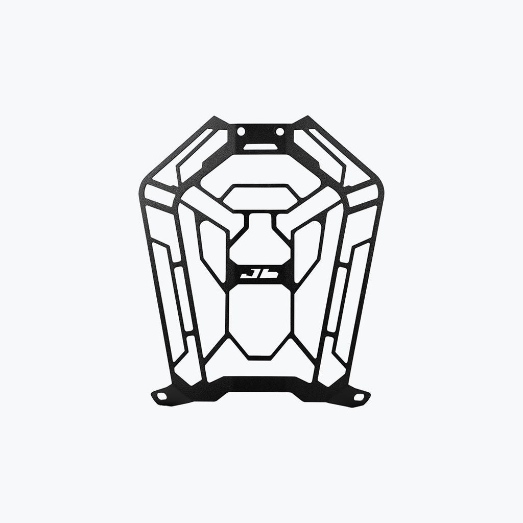 Black motorcycle headlight grill guard with geometric cutouts on white background