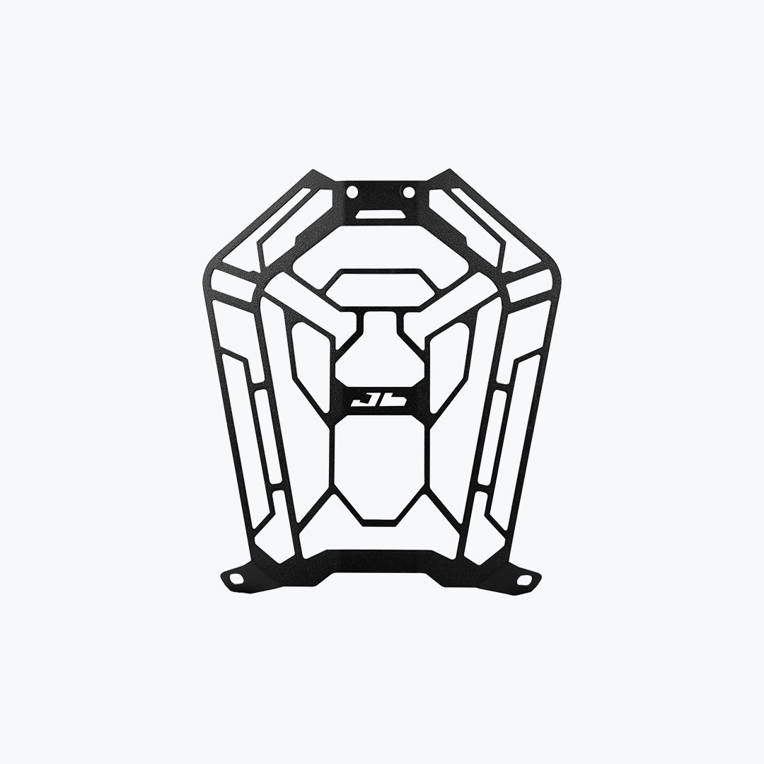 Black motorcycle headlight grill guard with geometric cutouts on white background