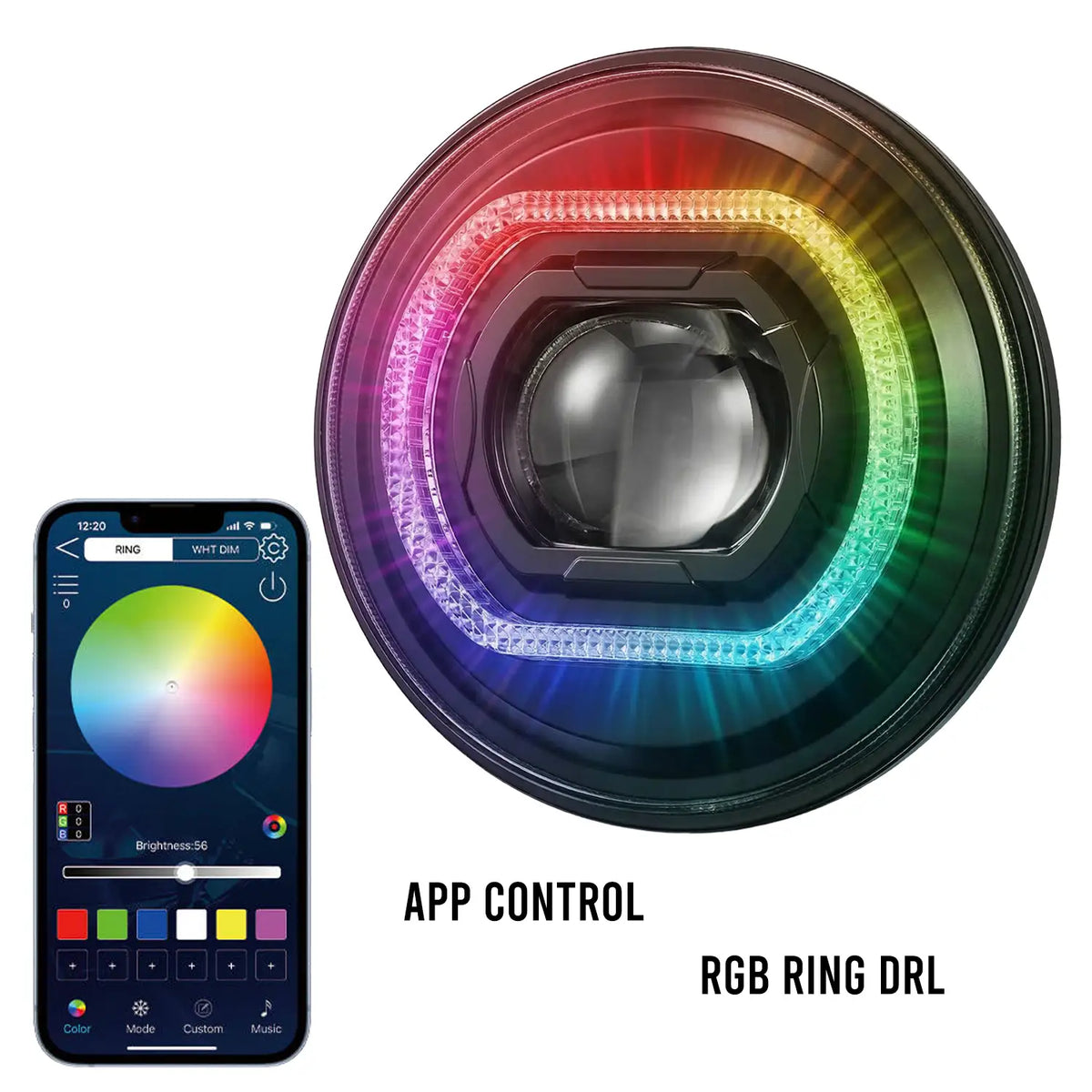 HJG 7 Inch RGB LED Headlight Chakra 75W 120W CREE for Royal Enfield Bullet Classic 350 Thar Gypsy - Moto Modz