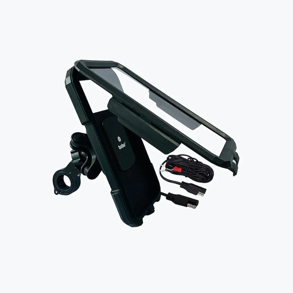 Motorcycle handlebar phone mount with protective case and charging cable