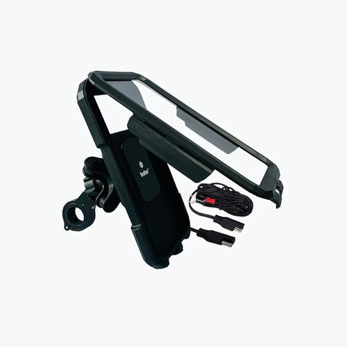 Motorcycle handlebar phone mount with protective case and charging cable