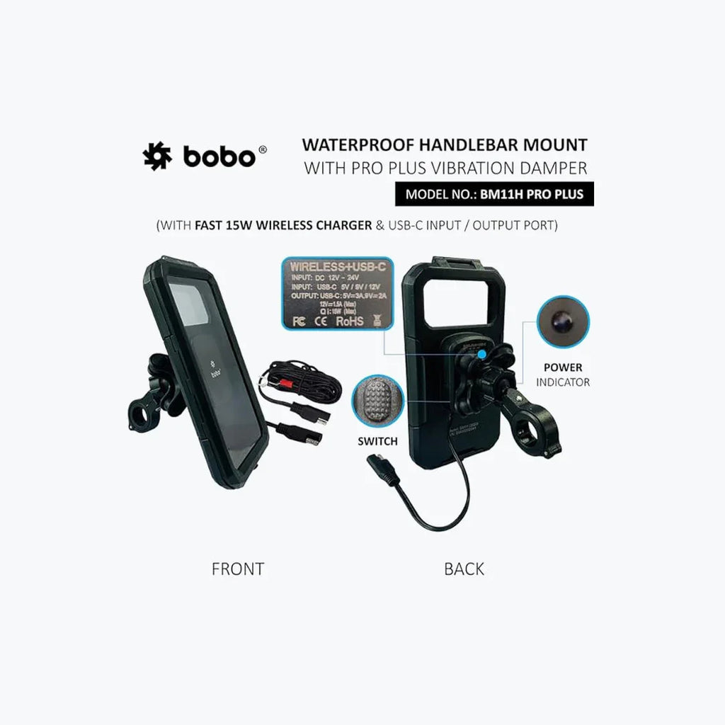 Waterproof handlebar mount with wireless charger, vibration damper, USB-C port, power switch, and power indicator, shown front and back with accessories.