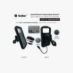 Waterproof handlebar mount with wireless charger, vibration damper, USB-C port, power switch, and power indicator, shown front and back with accessories.