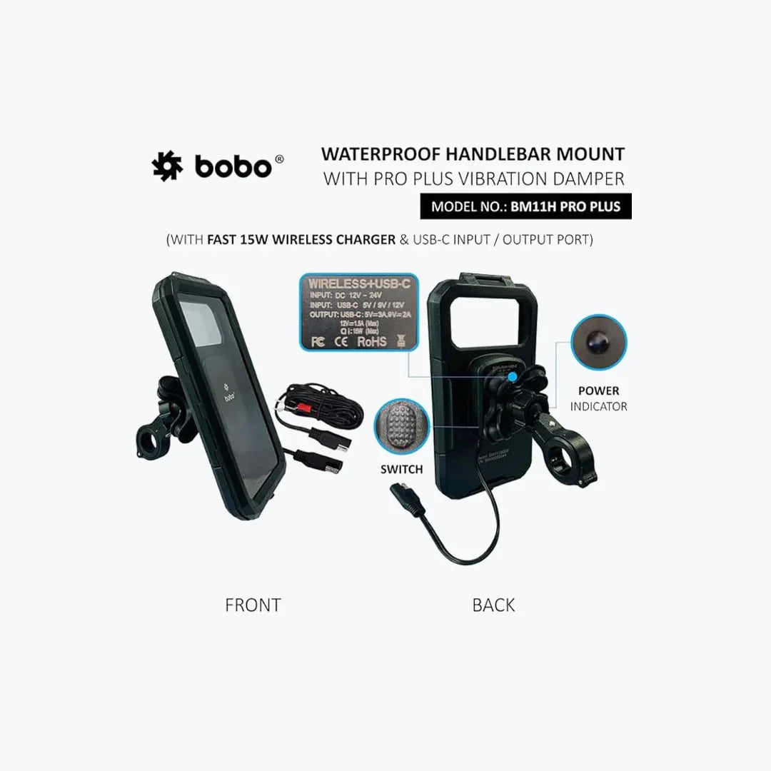 Waterproof handlebar mount with wireless charger, vibration damper, USB-C port, power switch, and power indicator, shown front and back with accessories.