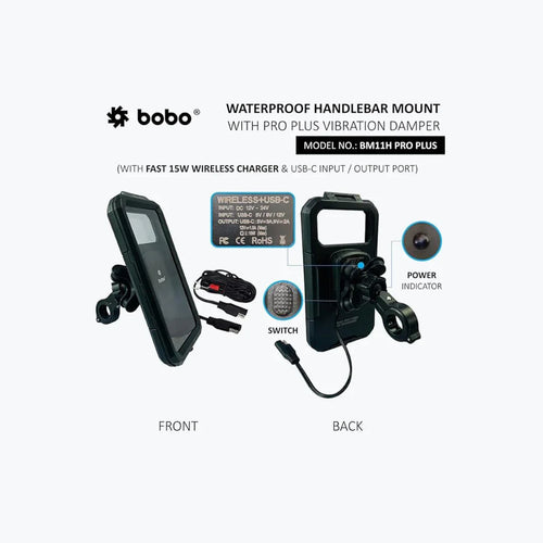 Waterproof handlebar mount with wireless charger, vibration damper, USB-C port, power switch, and power indicator, shown front and back with accessories.