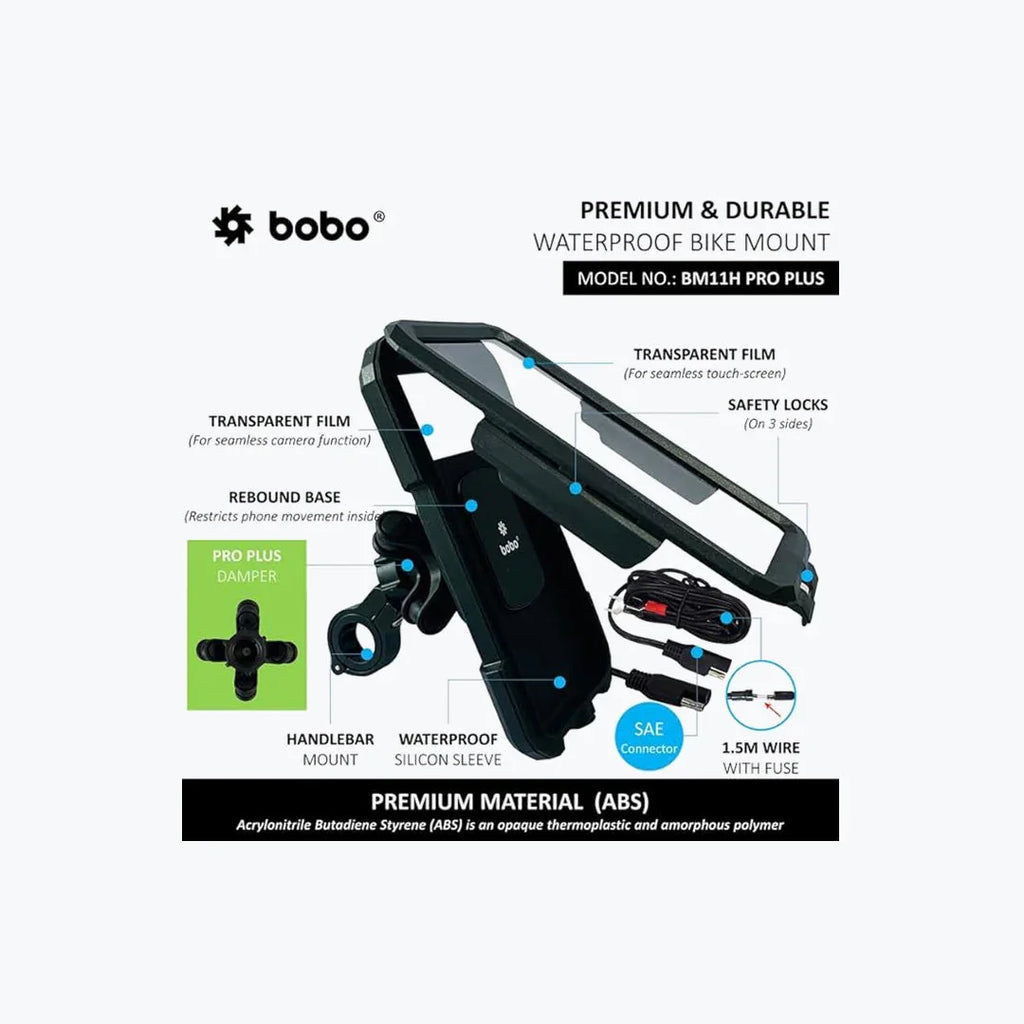 Waterproof bike phone mount with transparent touch screen, handlebar clamp, and 1.5m charging cable