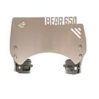 Bear 650 motorcycle headlight guard with cutout lettering and mounting brackets