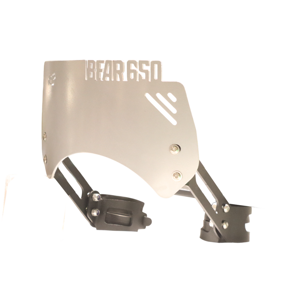 Metal motorcycle windscreen with 'BEAR 650' cutout, mounting brackets visible
