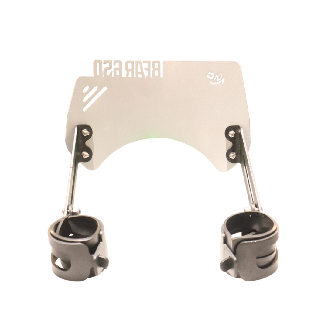 Motorcycle windshield bracket with clamps and a metal mounting plate, isolated on white background.