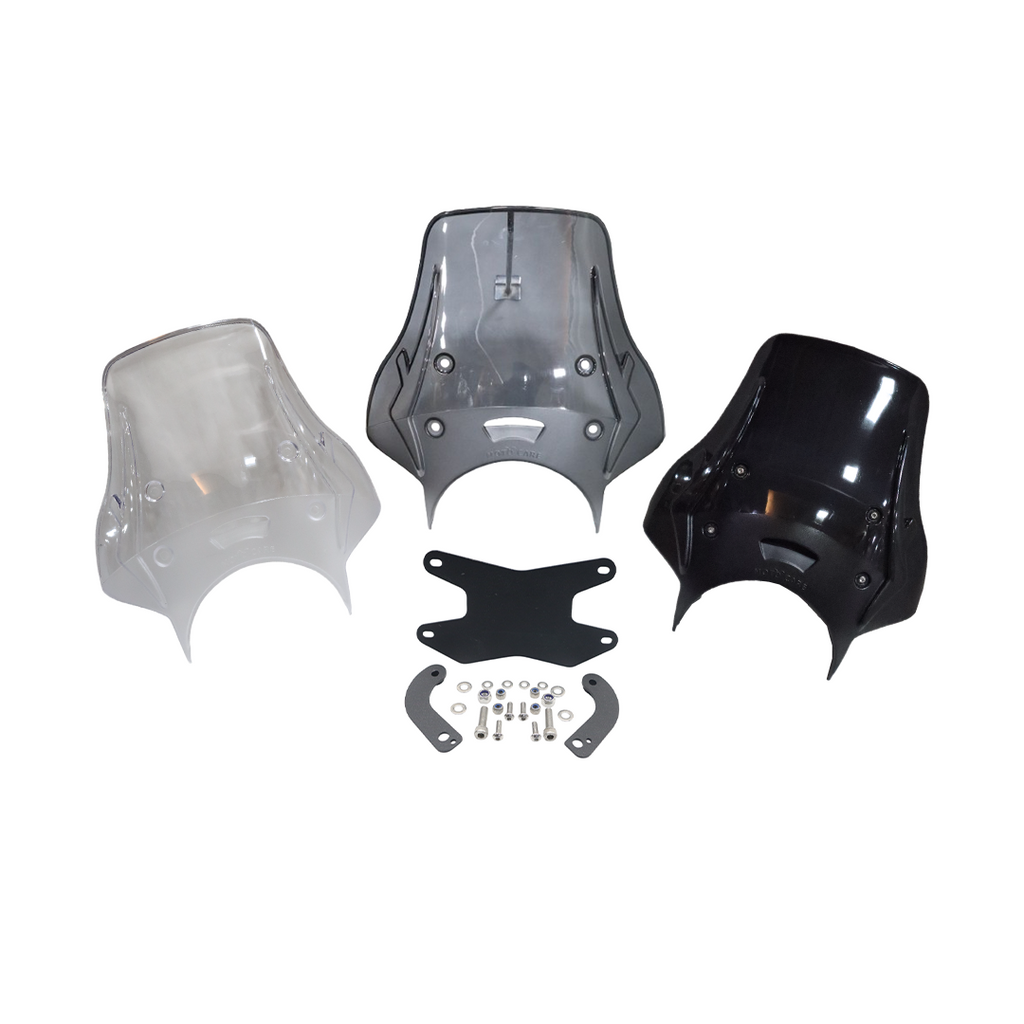 Motorcycle windshields in clear, smoke, and black with mounting hardware kit