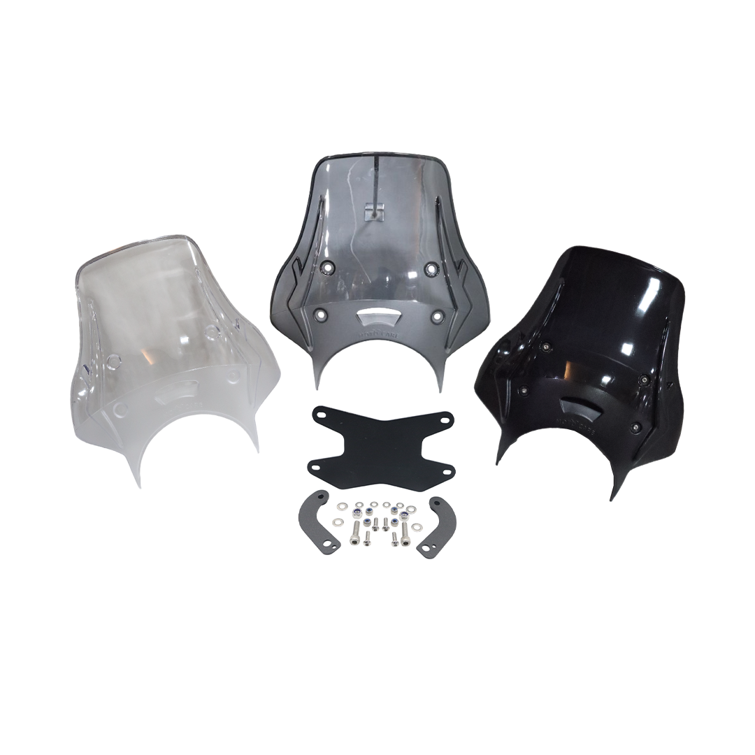 Motorcycle windshields in clear, smoke, and black with mounting hardware kit