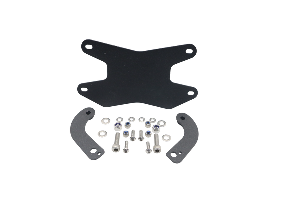Motorcycle license plate bracket kit with black mounting plate, side brackets, and hardware