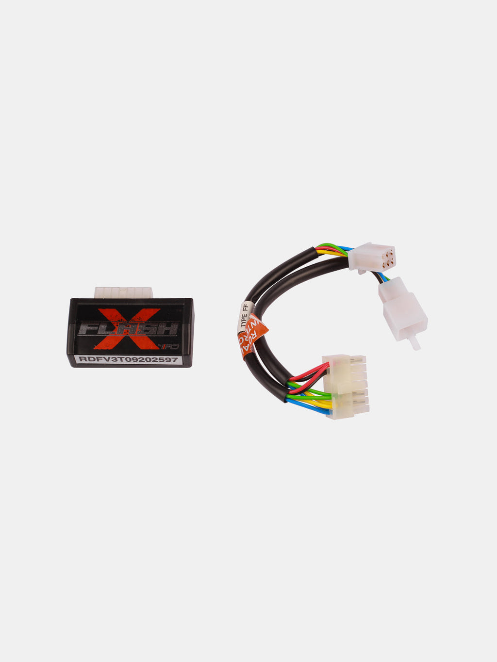 Motorcycle performance ECU and wiring harness with colored wires on white background
