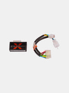 Motorcycle performance ECU and wiring harness with colored wires on white background