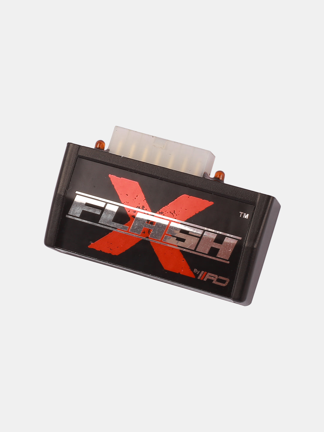 Motorcycle electronic control unit with Flash X logo, black connector module on white background