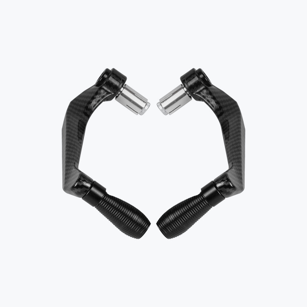 Pair of black carbon fiber motorcycle handlebar lever guards on white background