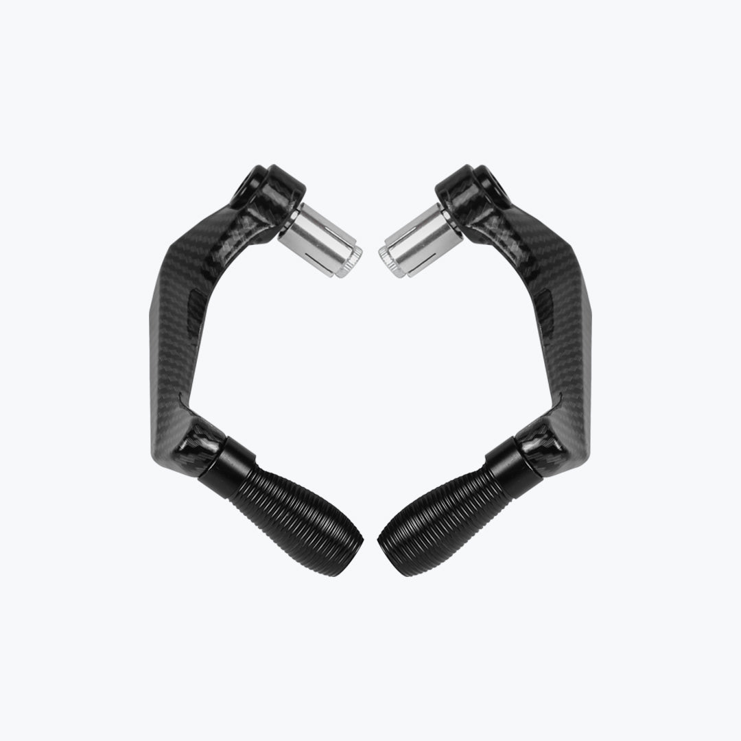 Pair of black carbon fiber motorcycle handlebar lever guards on white background