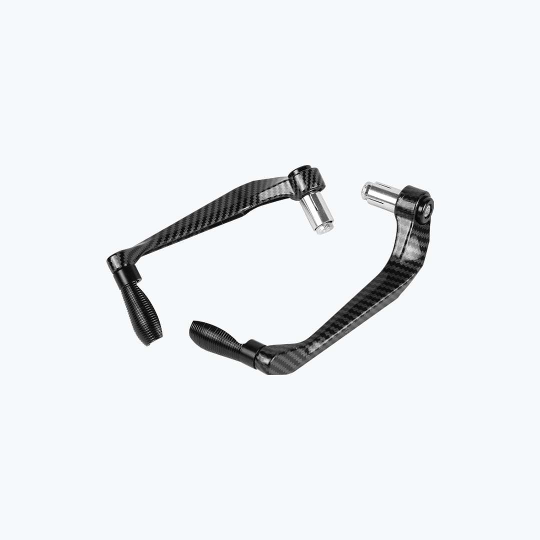 Carbon fiber motorcycle handlebar lever guards on white background