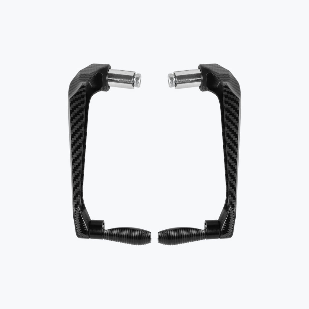 Pair of carbon fiber motorcycle brake and clutch lever guards on white background