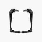 Pair of carbon fiber motorcycle brake and clutch lever guards on white background