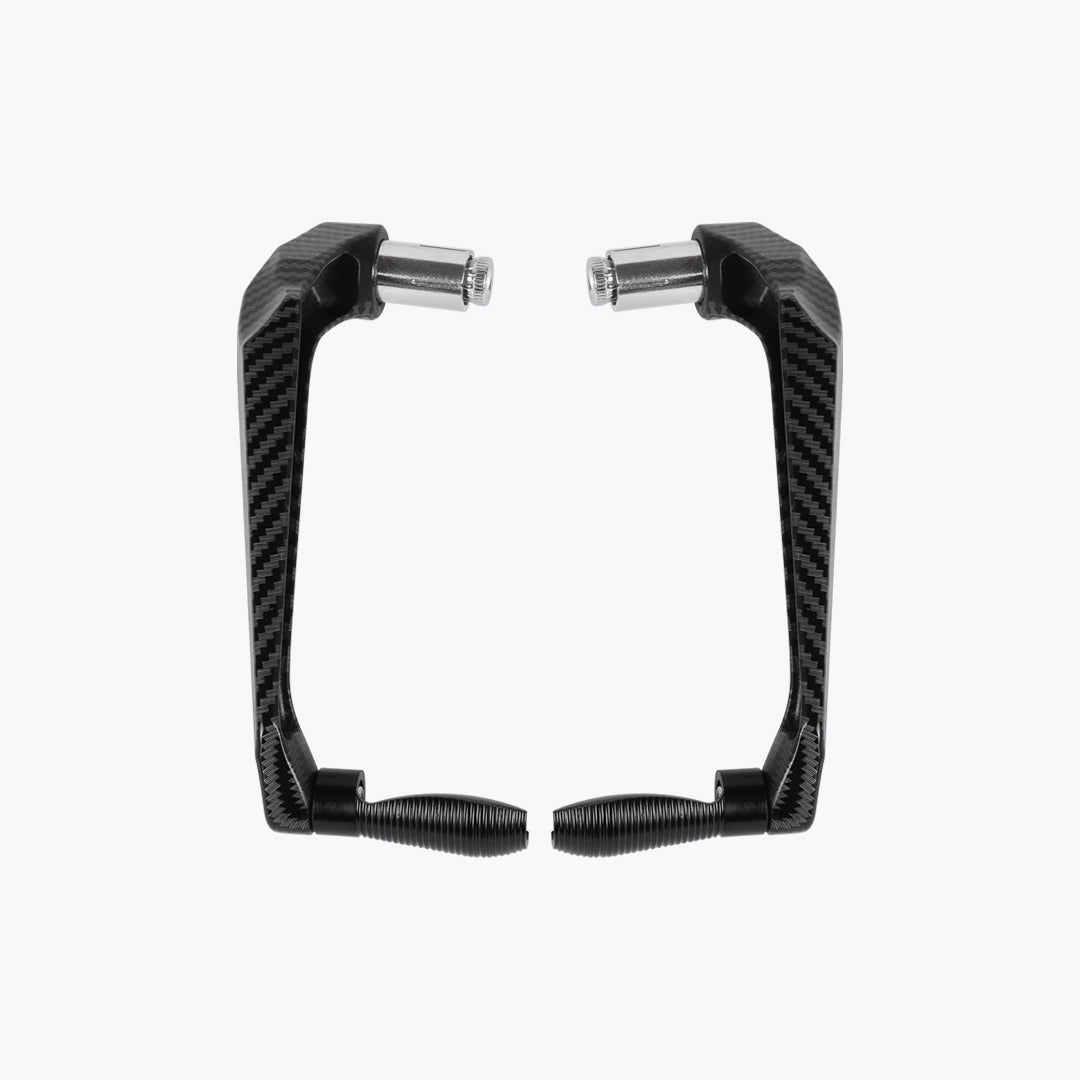 Pair of carbon fiber motorcycle brake and clutch lever guards on white background