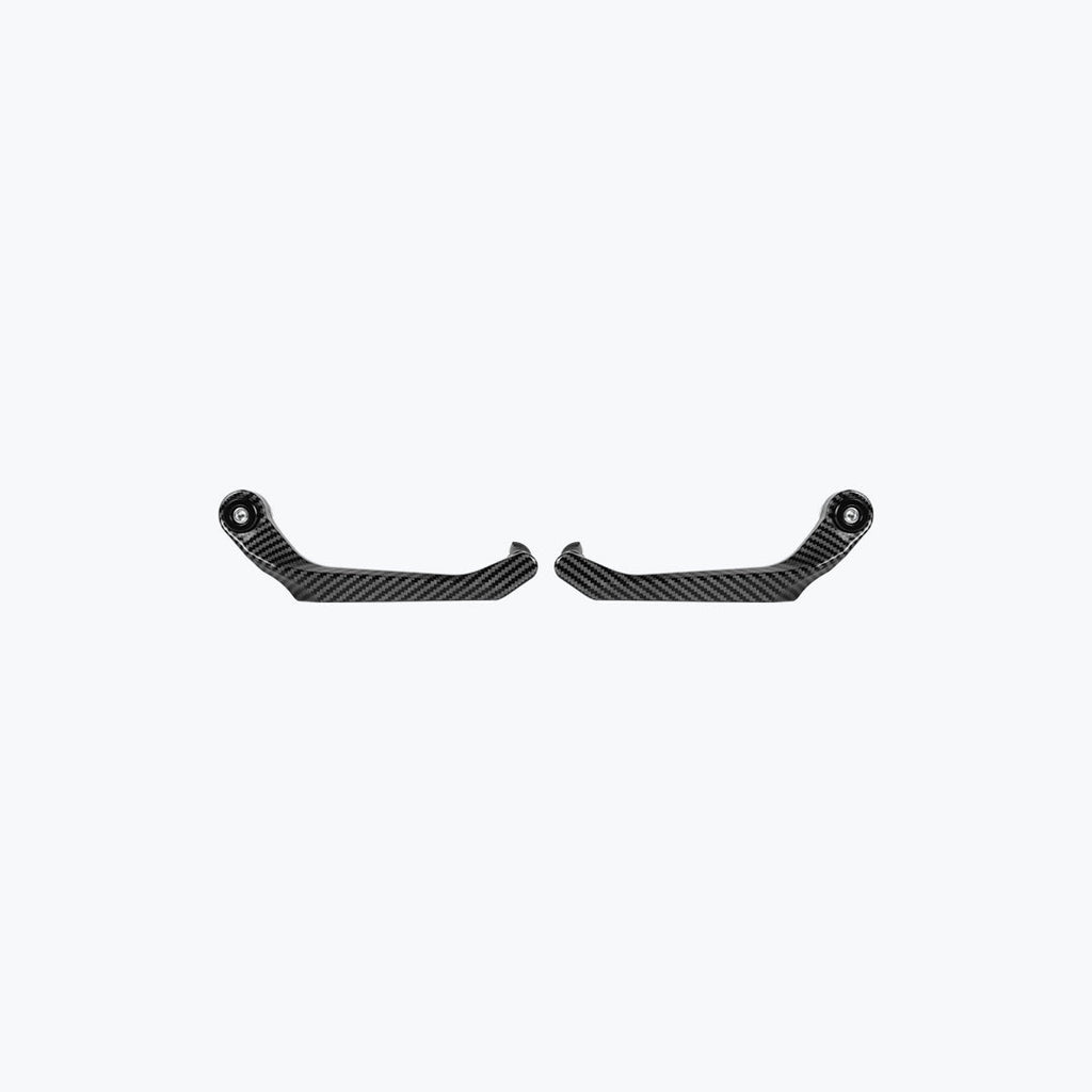 Pair of carbon fiber motorcycle handlebar guards on a white background