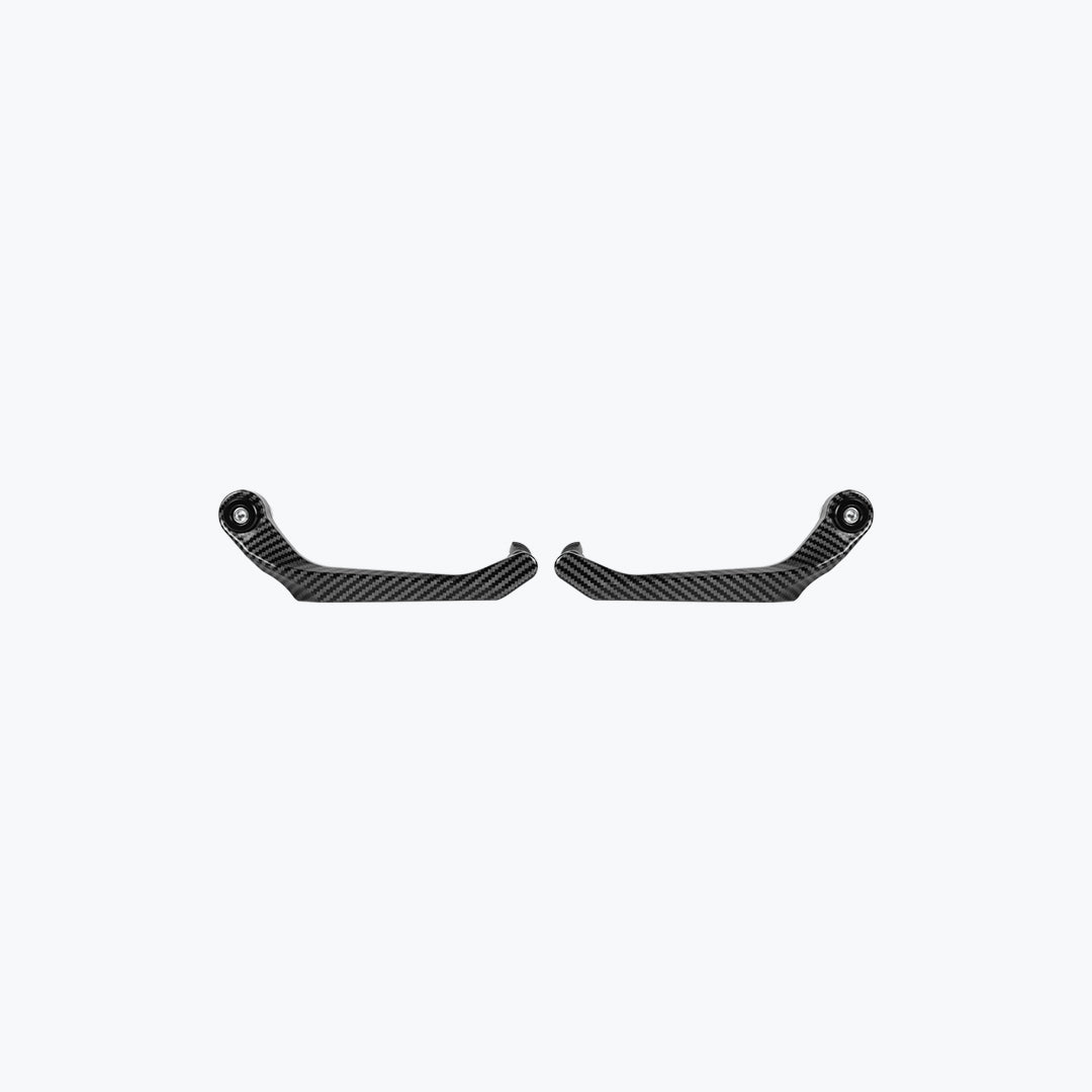 Pair of carbon fiber motorcycle handlebar guards on a white background