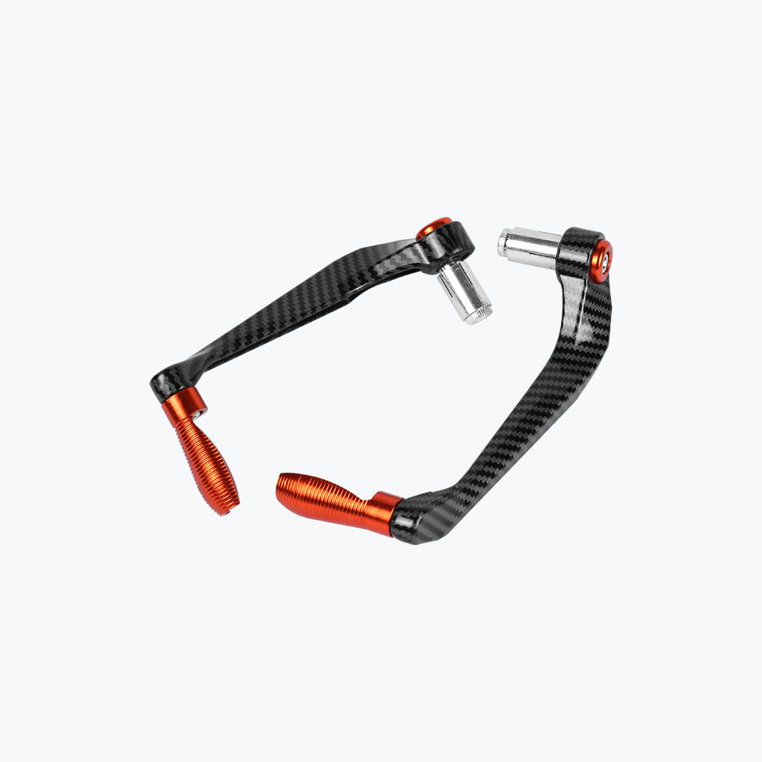 Carbon fiber motorcycle lever guards with orange aluminum ends on white background
