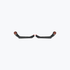 Pair of carbon fiber motorcycle brake and clutch lever guards with red accents on white background