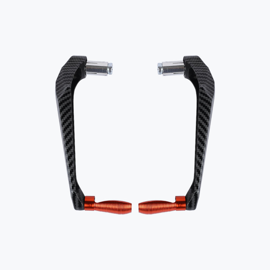 Carbon fiber motorcycle lever guards with orange aluminum ends on white background