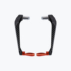 Carbon fiber motorcycle lever guards with orange aluminum ends on white background