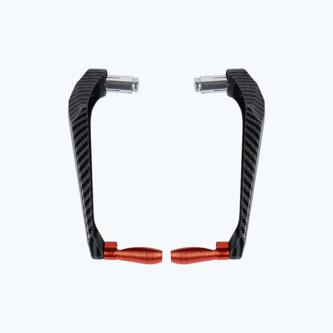 Carbon fiber motorcycle lever guards with orange aluminum ends on white background
