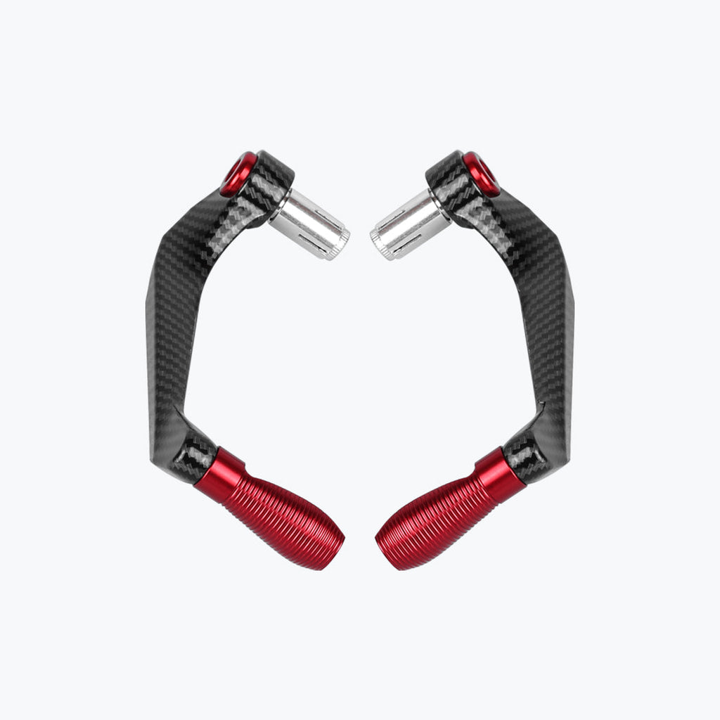 Pair of carbon fiber motorcycle handlebar levers with red and silver accents on white background