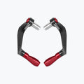 Pair of carbon fiber motorcycle handlebar levers with red and silver accents on white background