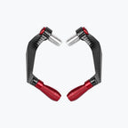 Pair of carbon fiber motorcycle handlebar levers with red and silver accents on white background