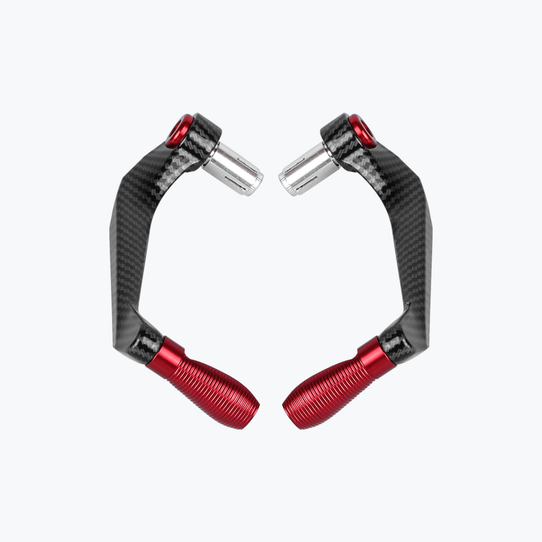 Pair of carbon fiber motorcycle handlebar levers with red and silver accents on white background