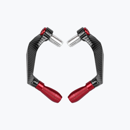 Pair of carbon fiber motorcycle handlebar levers with red and silver accents on white background