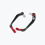 Carbon fiber motorcycle lever guards with red aluminum ends, on white background