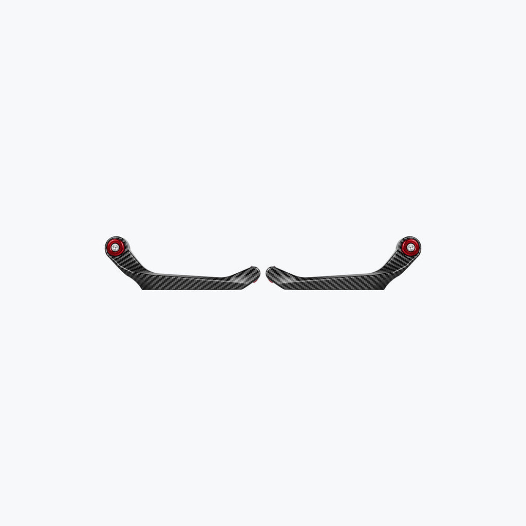 Pair of motorcycle carbon fiber handlebar guards with red accents on white background