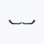 Pair of motorcycle carbon fiber handlebar guards with red accents on white background
