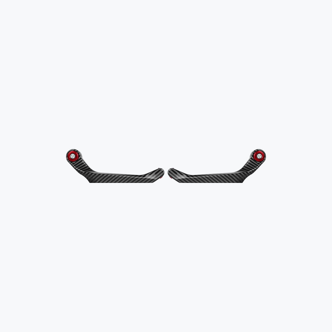 Pair of motorcycle carbon fiber handlebar guards with red accents on white background
