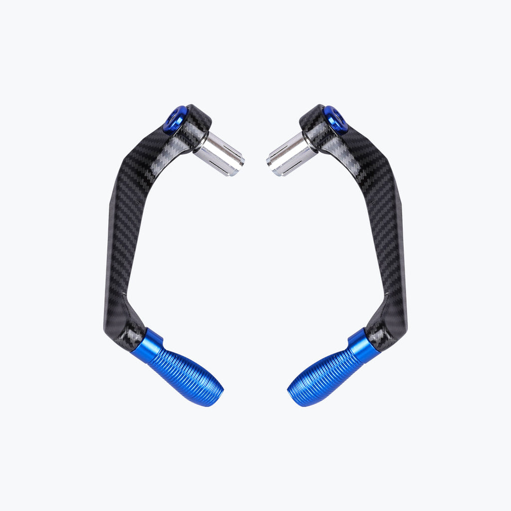 Pair of carbon fiber motorcycle lever guards with blue aluminum ends on white background