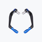 Pair of carbon fiber motorcycle lever guards with blue aluminum ends on white background