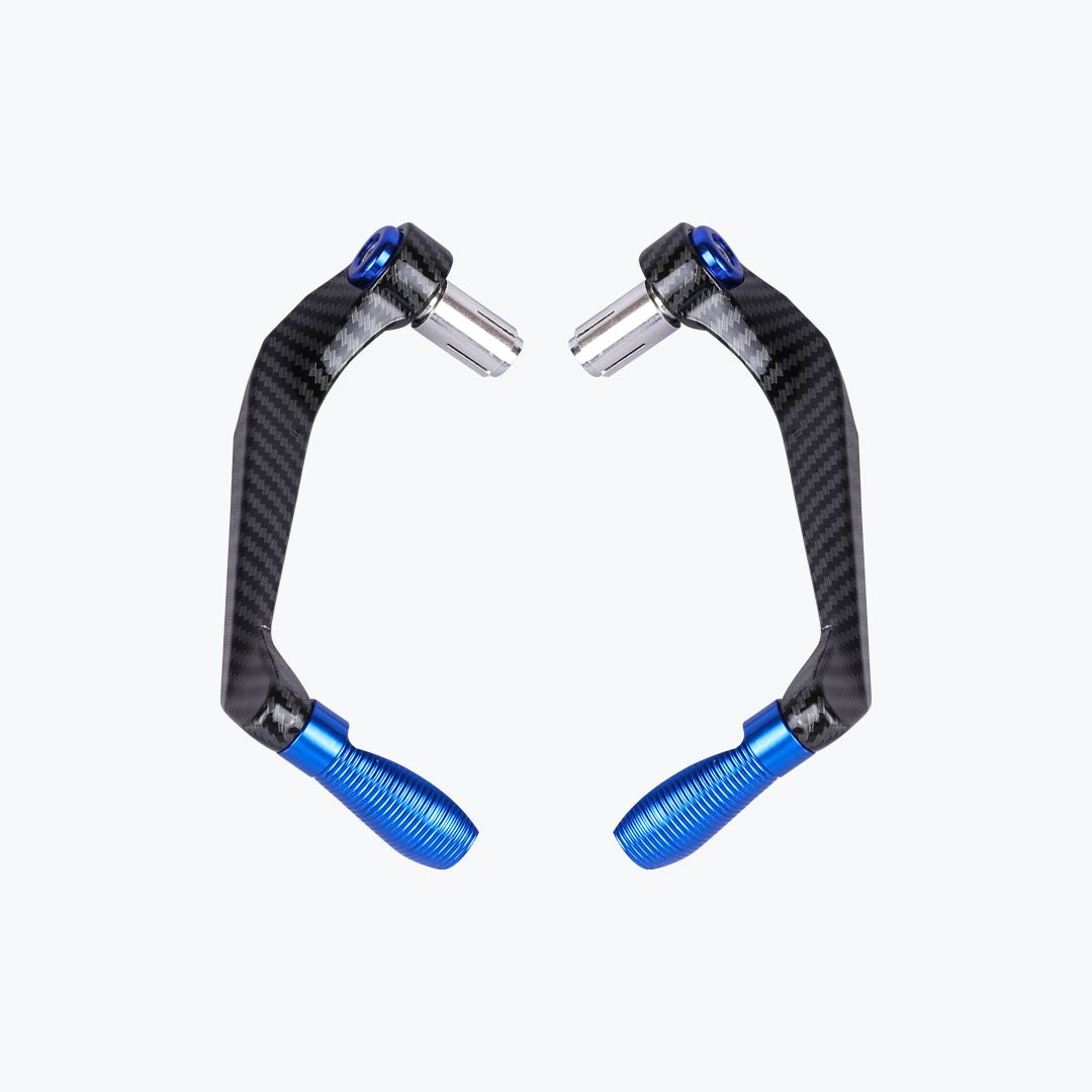 Pair of carbon fiber motorcycle lever guards with blue aluminum ends on white background